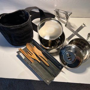 Stainless Steel Two Tier Tiffen with Bamboo Utensils and Heavy Canvas Carry Bag
